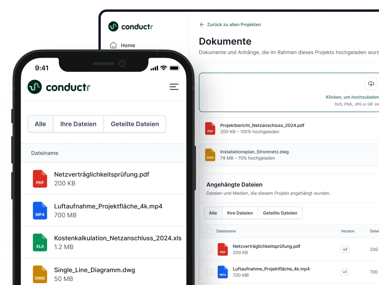 Conductr · documents for an energy project. Project files stay together as developers and expert partners work through the project.