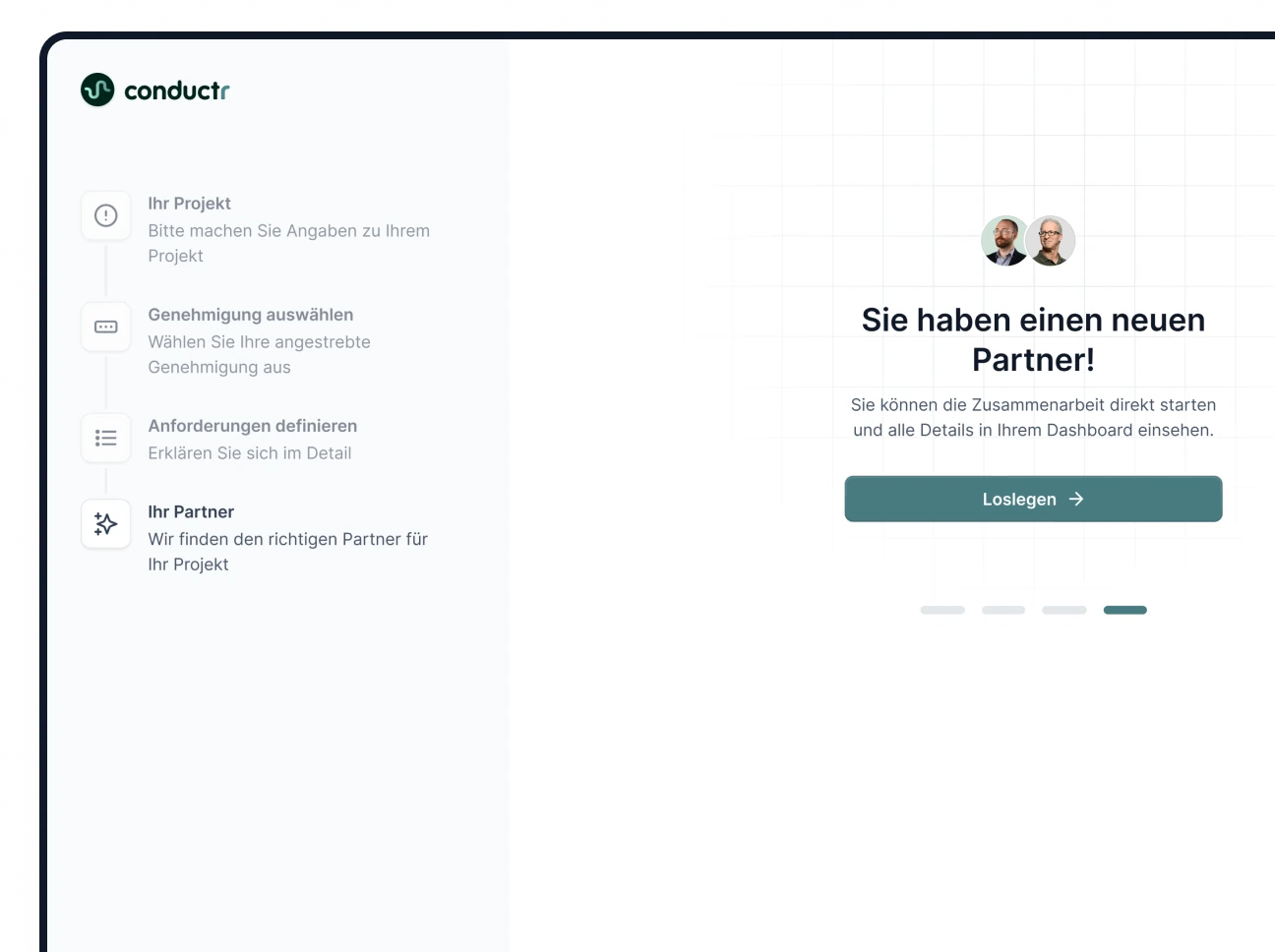 Conductr · from project to partner. Project requirements lead into a partner workflow. Part of the platform I help shape as fractional CTO.