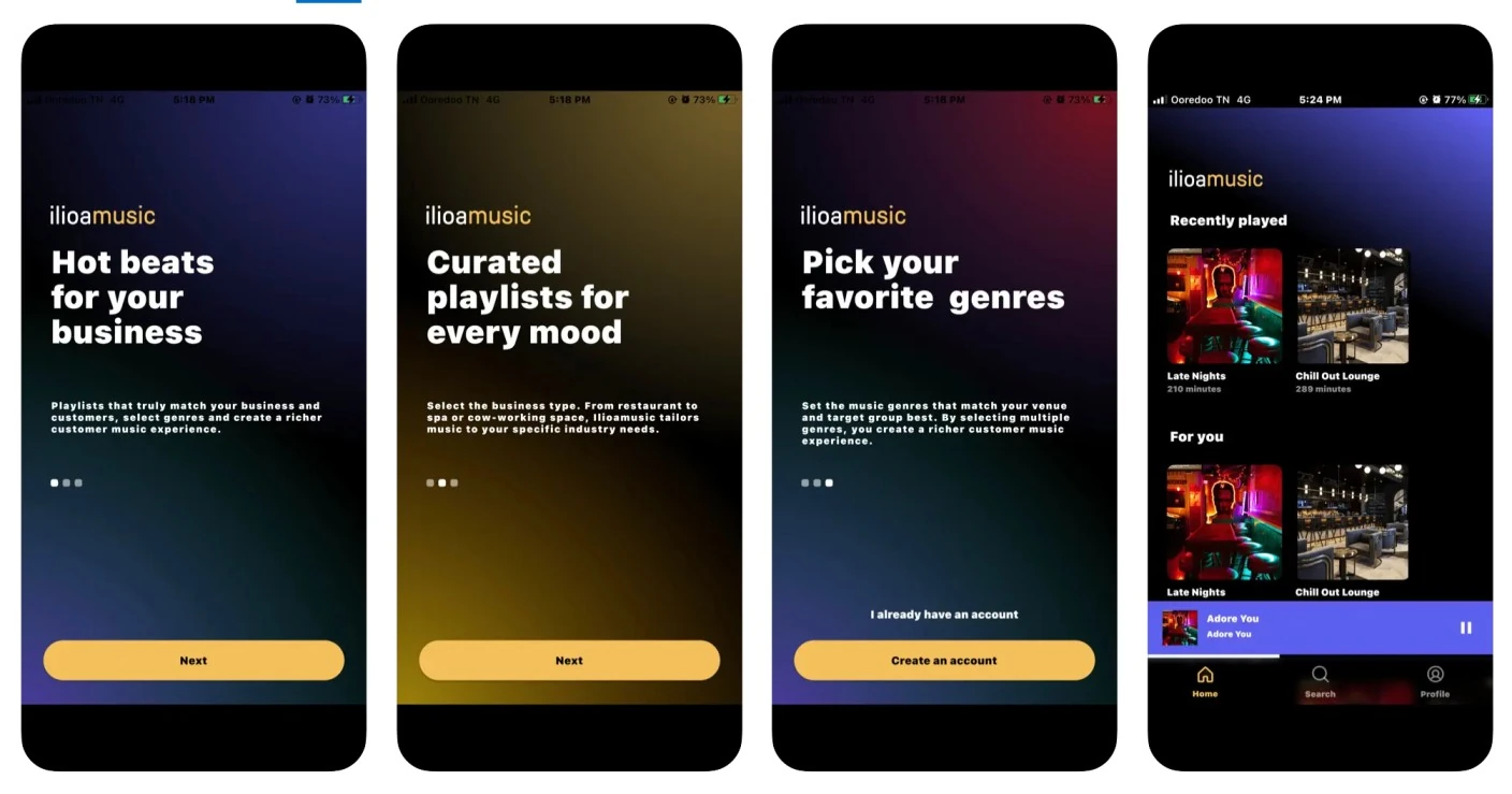 Ilioa Music · one of our product builds. Business onboarding, curated playlists and playback. One of the products delivered with the team I built and led.