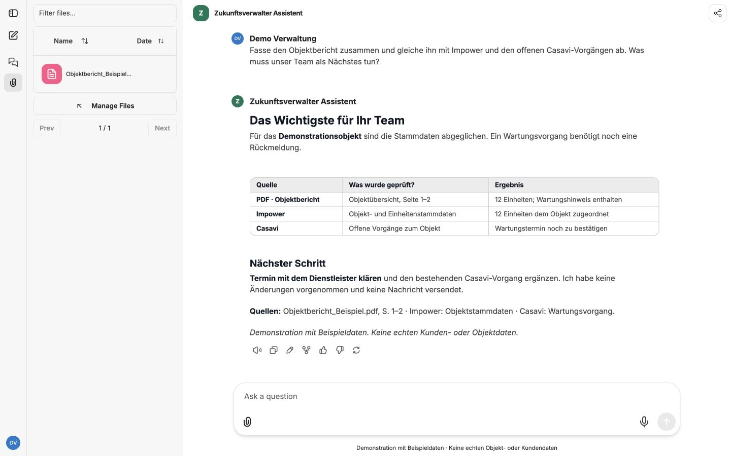 Internal AI application demonstration with a PDF document and an answer referencing Impower property records and Casavi tasks.