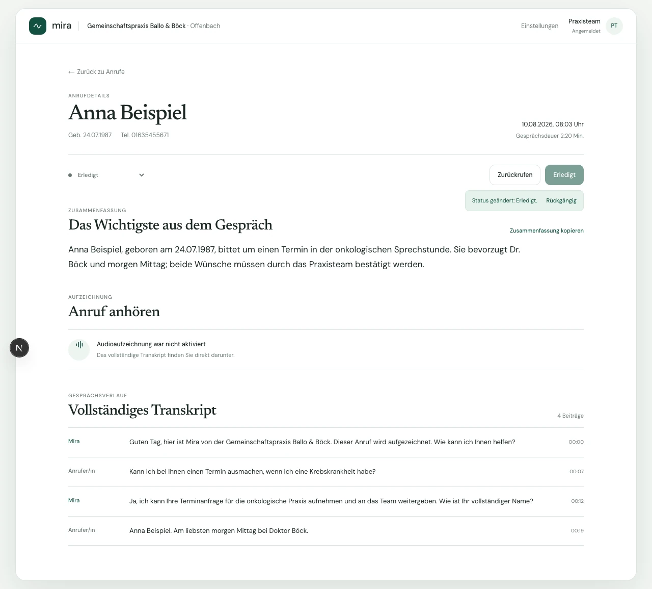 Mira · from call to follow-up. Telephone requests become structured summaries, transcripts and tasks for the practice team.