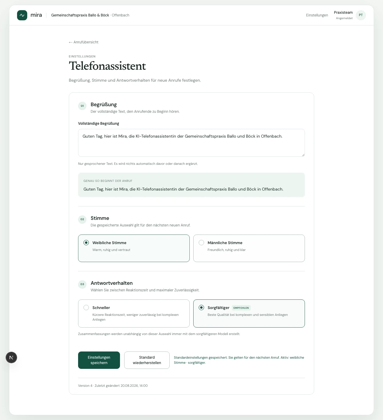 Mira · the practice stays in control. Staff can configure the greeting, voice and response behaviour of their telephone assistant.