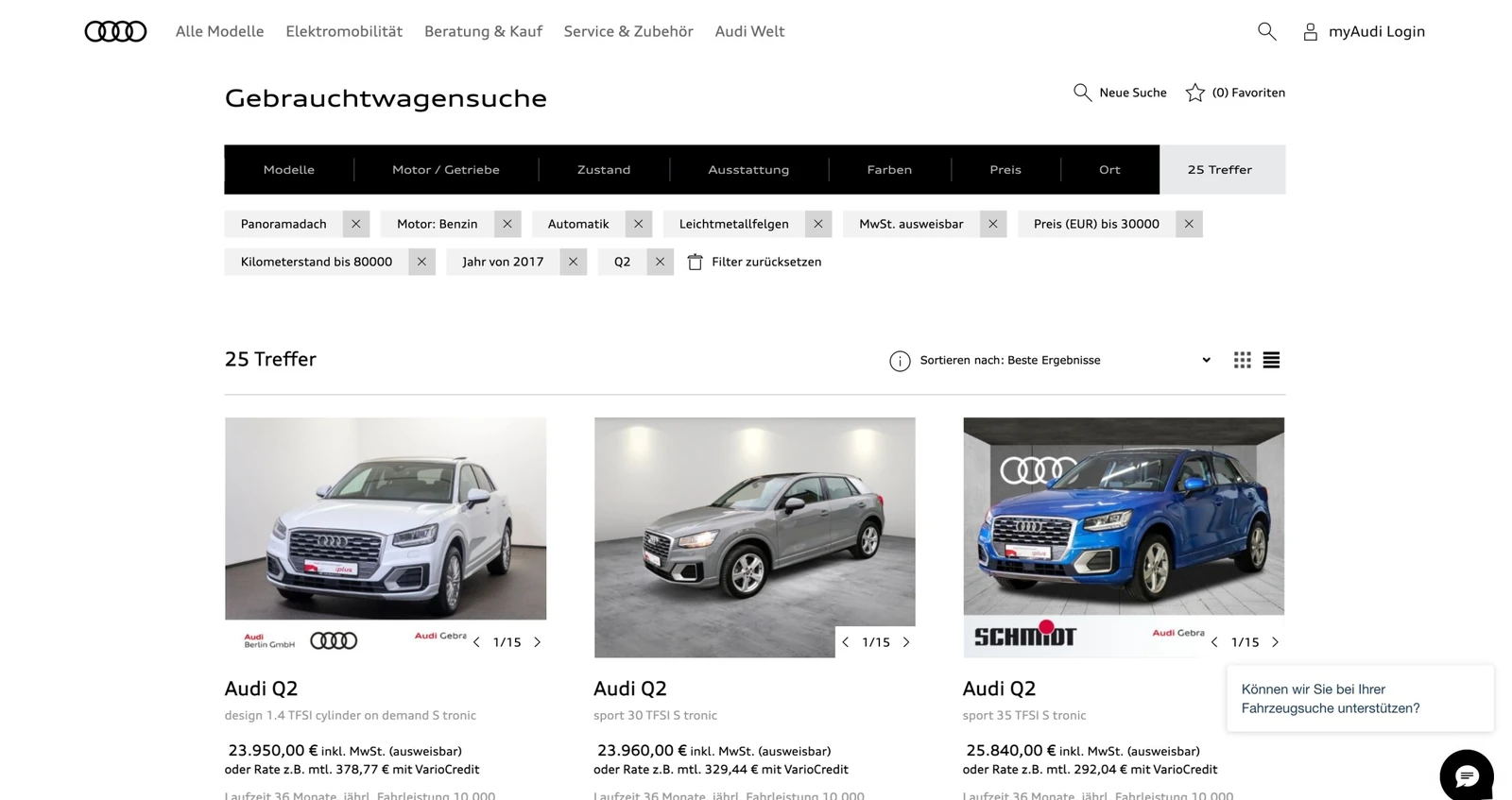 One.Shop · the customer-facing experience. Audi used-car search, shown in my original One.Shop portfolio case. My contribution through diconium was solutions architecture and backend engineering.