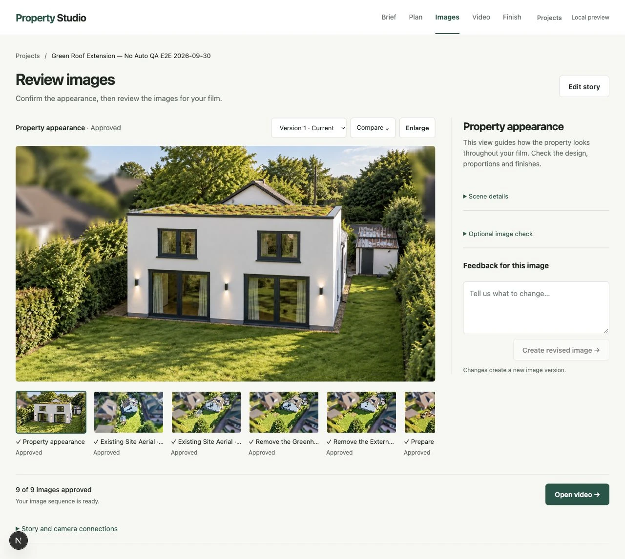Property Studio. Review generated scenes, request changes and approve the images that become a property film.