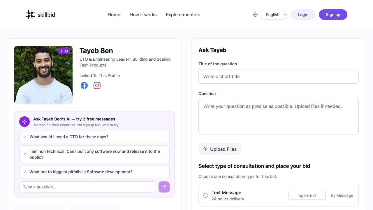 Skillbid · ask the expert, or their AI. My public profile shows mentor-specific AI alongside paid questions and consultations.