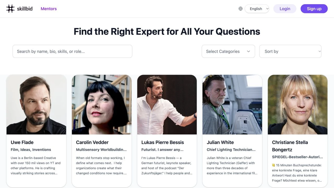 Skillbid · the expert marketplace. Expert discovery and profiles connect visitors to the people and services they need.