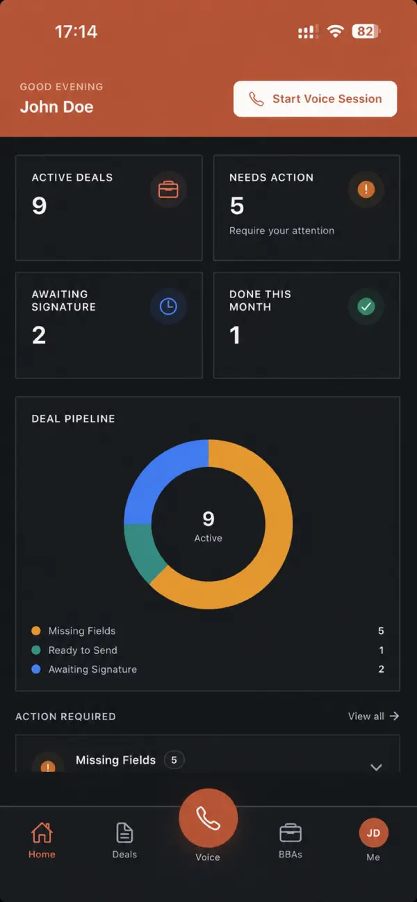 Varea’s mobile dashboard with deal counts, pipeline and voice-session action.