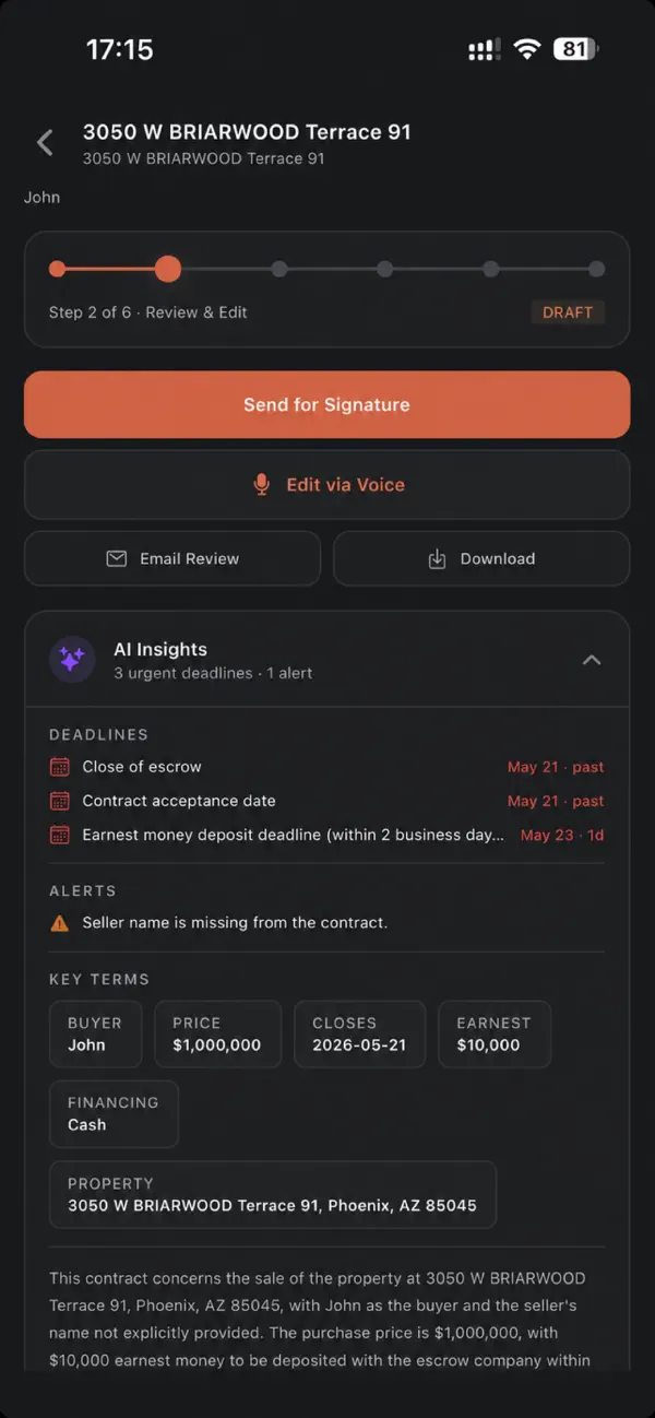 Varea’s deal details screen with review, editing and send-for-signature actions.