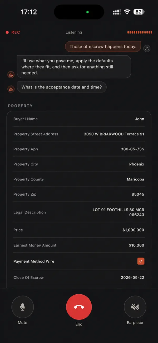 Varea’s voice interface with conversation and contract fields.